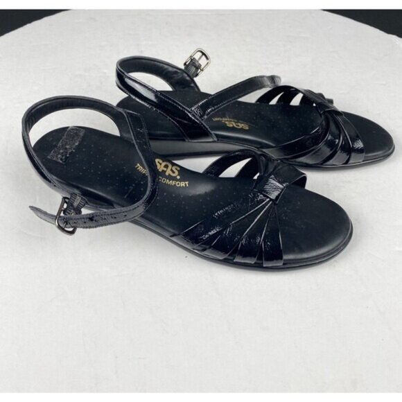 SAS Sandals Womens 6 Strippy Casual Open Toe Slingback Wedge Black Leather - Picture 3 of 13